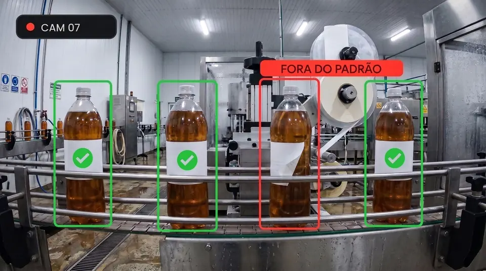 Garrafas na esteira com uma unidade marcada como fora do padrão e as demais aprovadas
