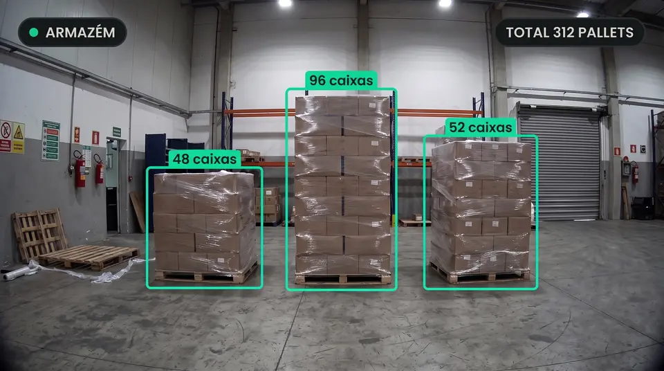 Pallets no armazém com a contagem de caixas de cada um e o total do estoque