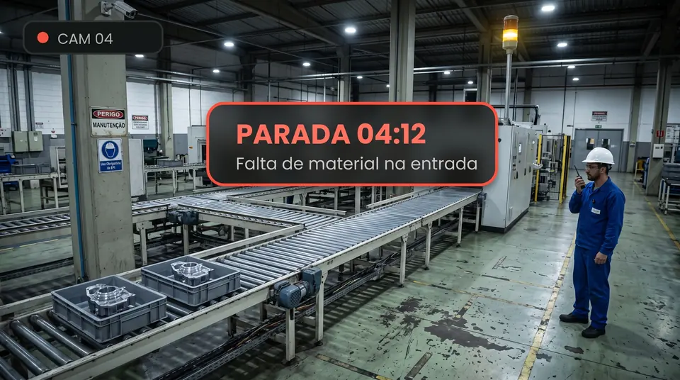Linha parada há 4 minutos com o motivo classificado como falta de material na entrada